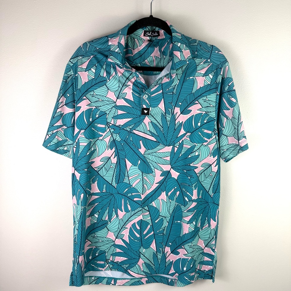 Bad Birdie Tropical Leaf Golf Polo Shirt Pink Teal Print Stretch Mens Medium